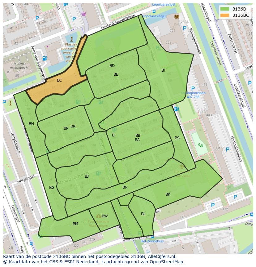 Afbeelding van het postcodegebied 3136 BC op de kaart.