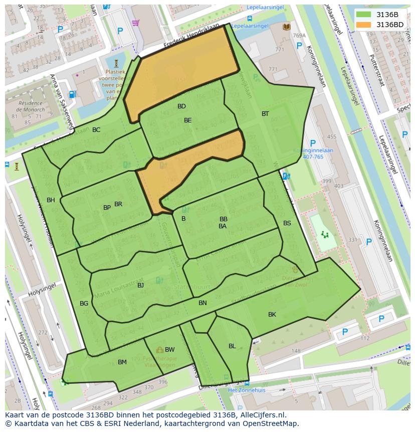 Afbeelding van het postcodegebied 3136 BD op de kaart.