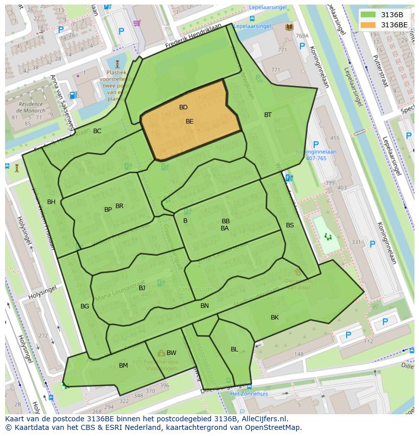 Afbeelding van het postcodegebied 3136 BE op de kaart.
