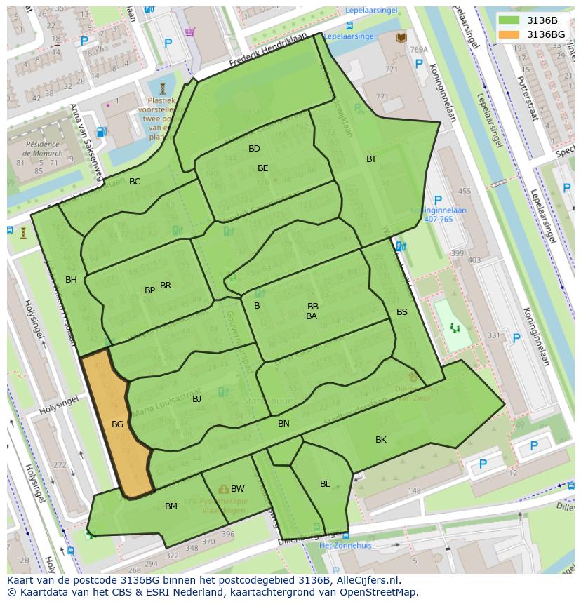 Afbeelding van het postcodegebied 3136 BG op de kaart.