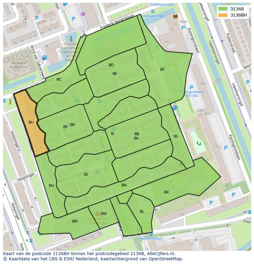 Afbeelding van het postcodegebied 3136 BH op de kaart.