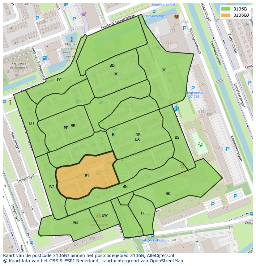 Afbeelding van het postcodegebied 3136 BJ op de kaart.