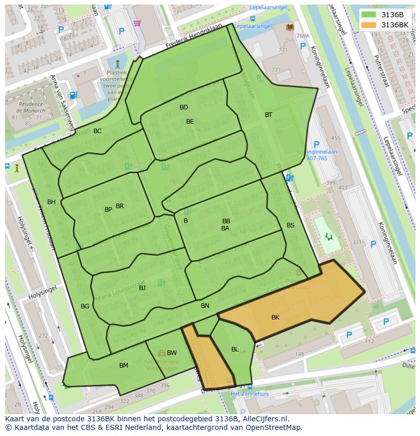 Afbeelding van het postcodegebied 3136 BK op de kaart.