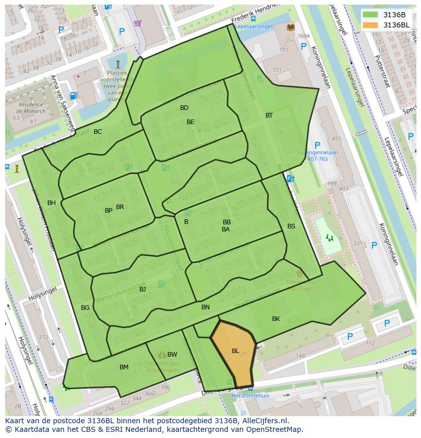 Afbeelding van het postcodegebied 3136 BL op de kaart.