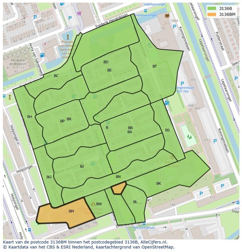 Afbeelding van het postcodegebied 3136 BM op de kaart.