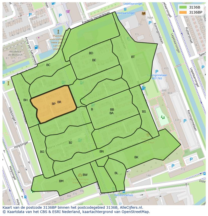 Afbeelding van het postcodegebied 3136 BP op de kaart.