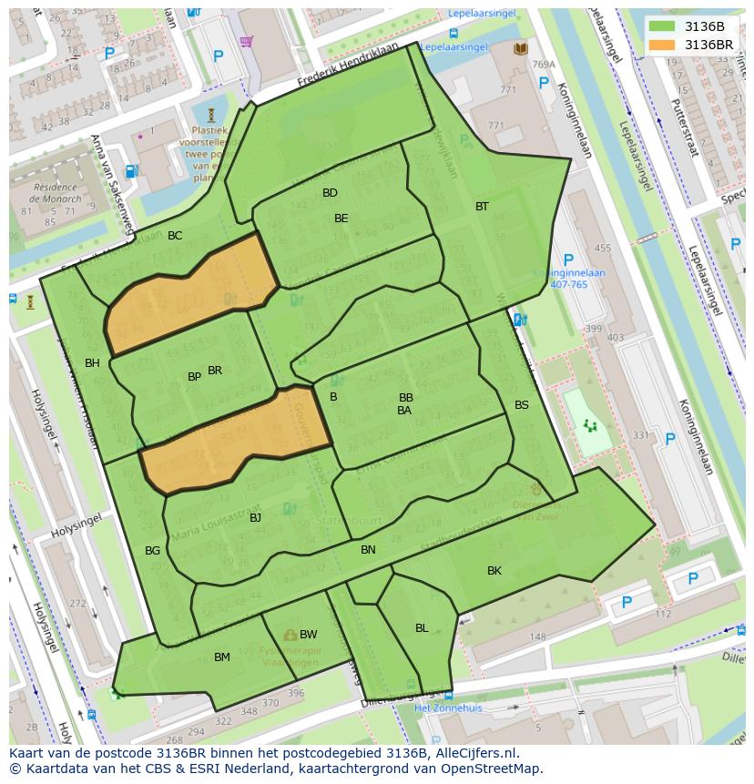 Afbeelding van het postcodegebied 3136 BR op de kaart.