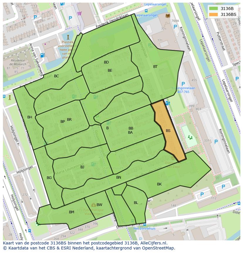 Afbeelding van het postcodegebied 3136 BS op de kaart.