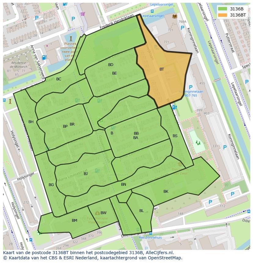 Afbeelding van het postcodegebied 3136 BT op de kaart.