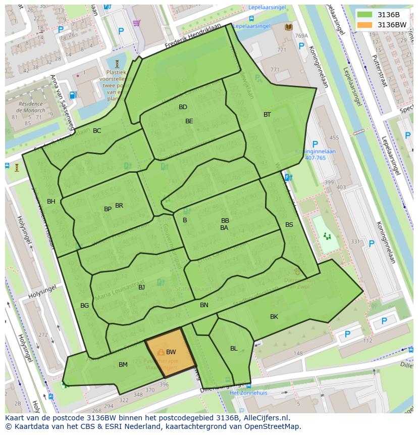Afbeelding van het postcodegebied 3136 BW op de kaart.