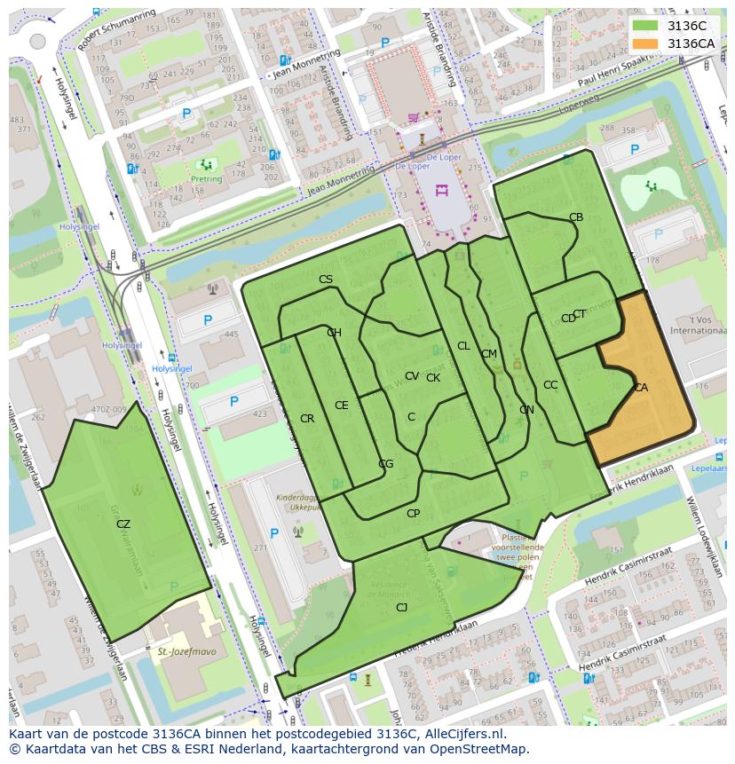 Afbeelding van het postcodegebied 3136 CA op de kaart.