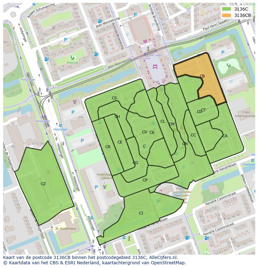 Afbeelding van het postcodegebied 3136 CB op de kaart.