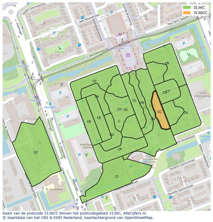 Afbeelding van het postcodegebied 3136 CC op de kaart.
