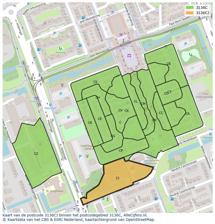 Afbeelding van het postcodegebied 3136 CJ op de kaart.