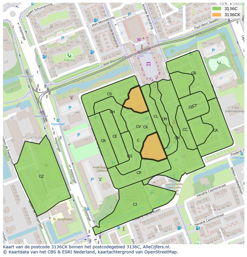 Afbeelding van het postcodegebied 3136 CK op de kaart.