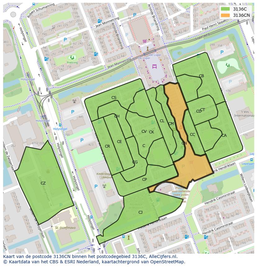 Afbeelding van het postcodegebied 3136 CN op de kaart.