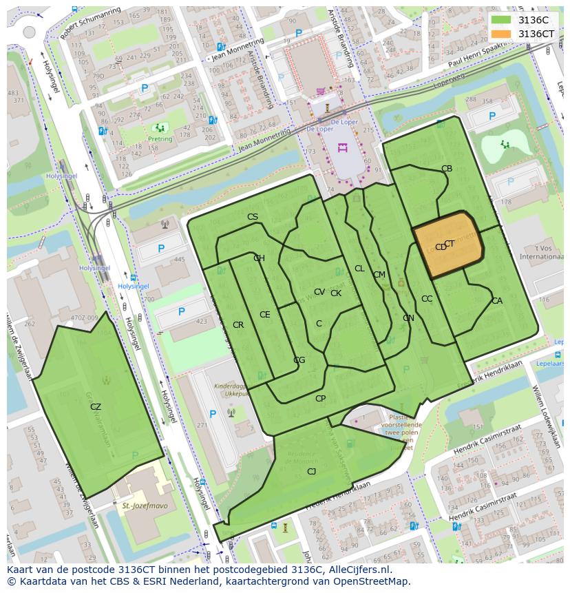 Afbeelding van het postcodegebied 3136 CT op de kaart.