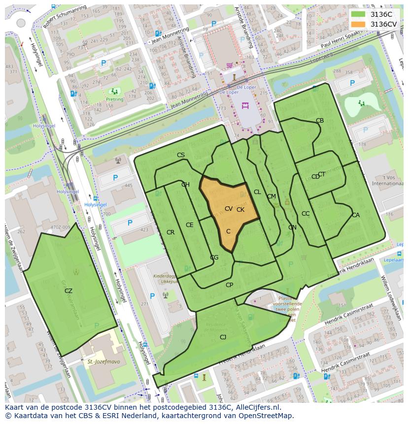 Afbeelding van het postcodegebied 3136 CV op de kaart.