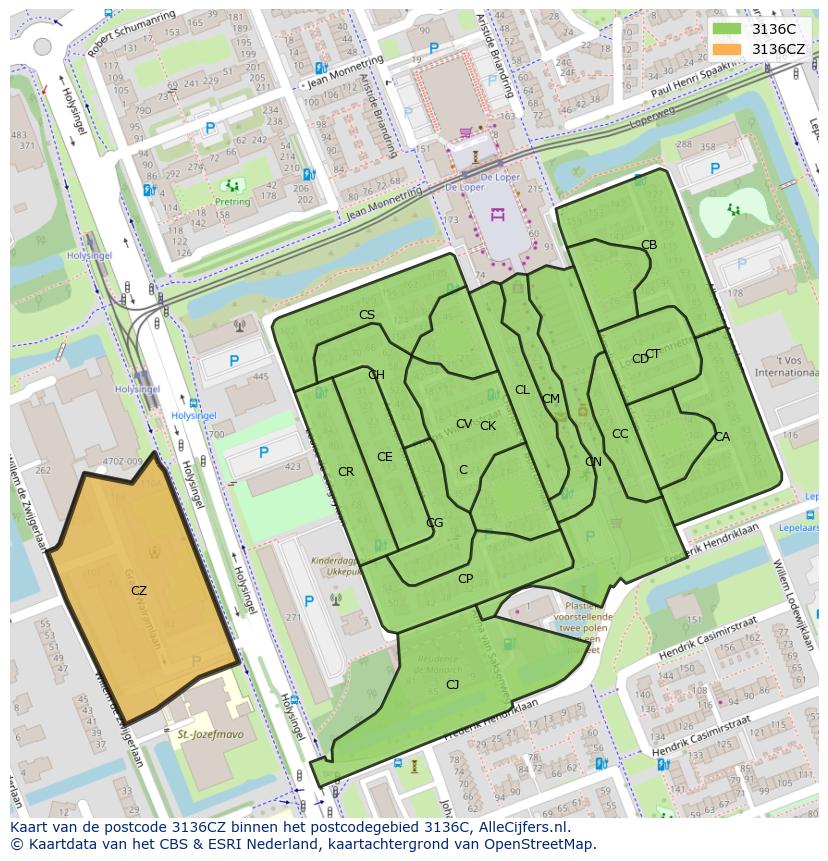 Afbeelding van het postcodegebied 3136 CZ op de kaart.