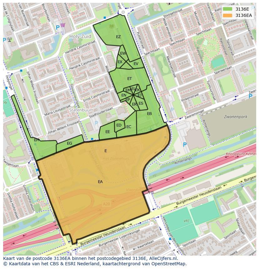Afbeelding van het postcodegebied 3136 EA op de kaart.