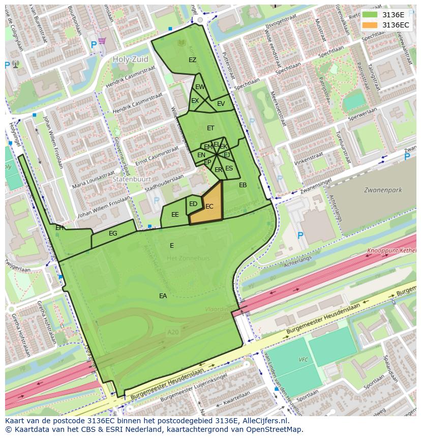 Afbeelding van het postcodegebied 3136 EC op de kaart.