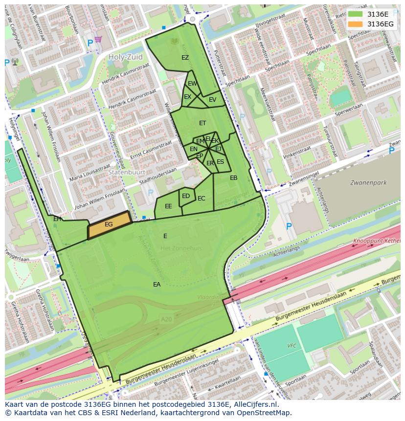 Afbeelding van het postcodegebied 3136 EG op de kaart.