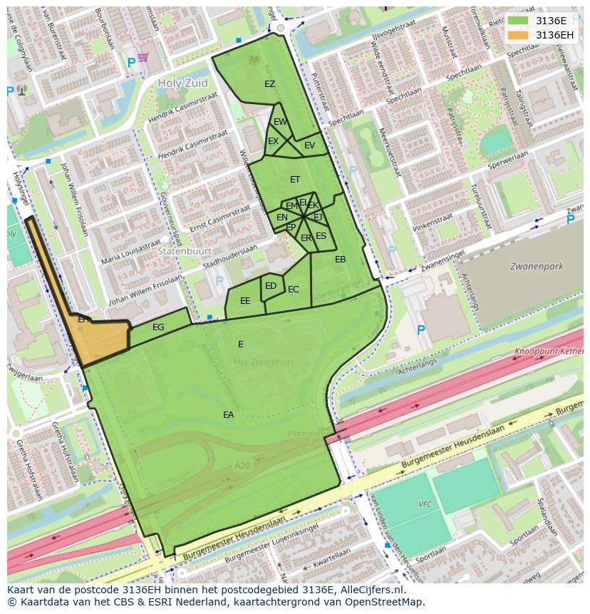 Afbeelding van het postcodegebied 3136 EH op de kaart.