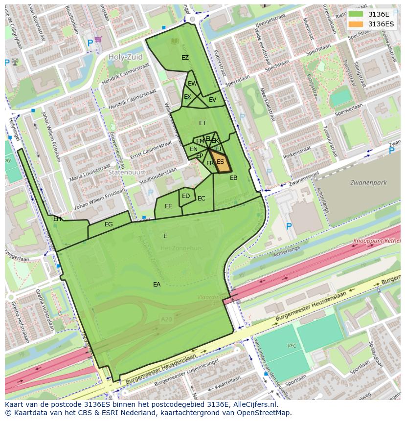 Afbeelding van het postcodegebied 3136 ES op de kaart.