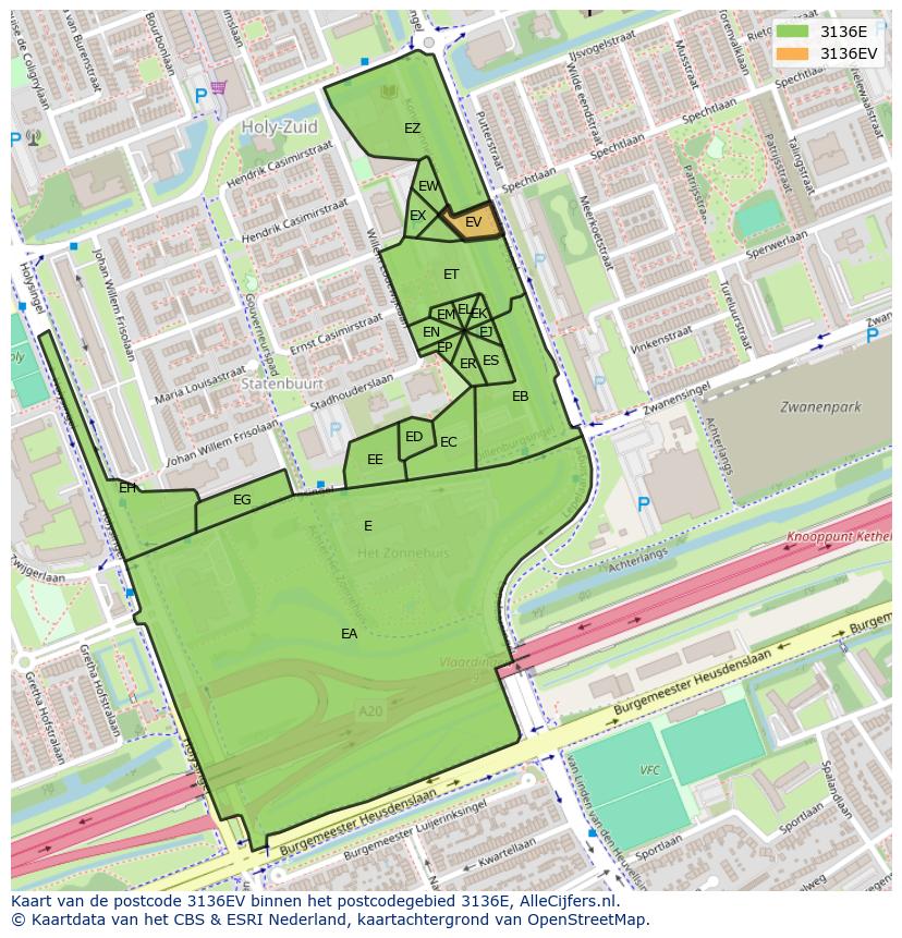 Afbeelding van het postcodegebied 3136 EV op de kaart.