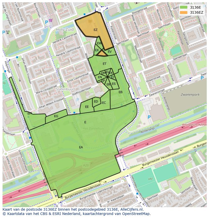 Afbeelding van het postcodegebied 3136 EZ op de kaart.
