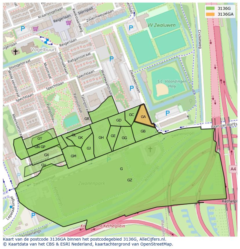 Afbeelding van het postcodegebied 3136 GA op de kaart.