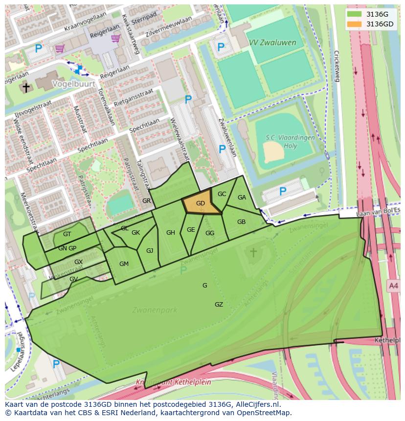 Afbeelding van het postcodegebied 3136 GD op de kaart.