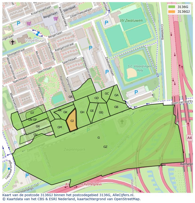 Afbeelding van het postcodegebied 3136 GJ op de kaart.