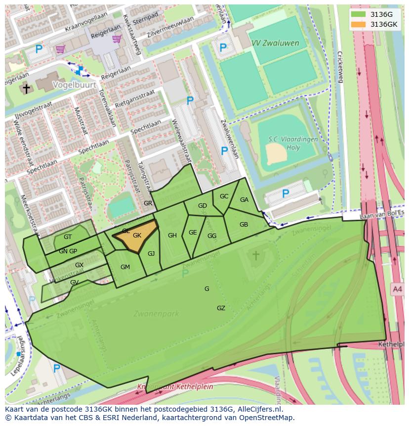 Afbeelding van het postcodegebied 3136 GK op de kaart.