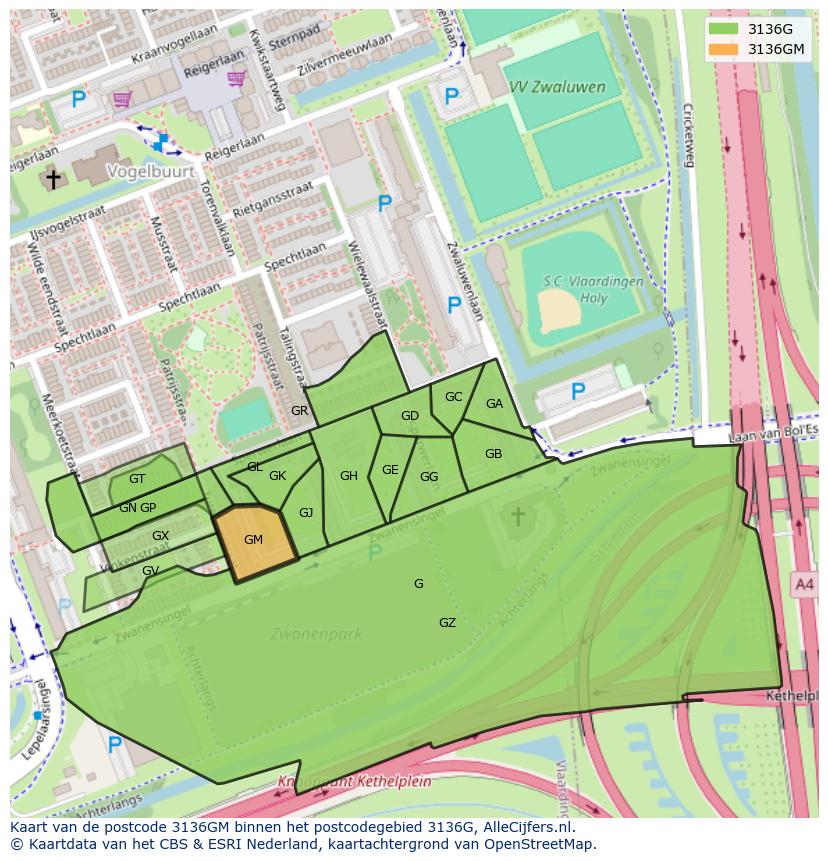 Afbeelding van het postcodegebied 3136 GM op de kaart.