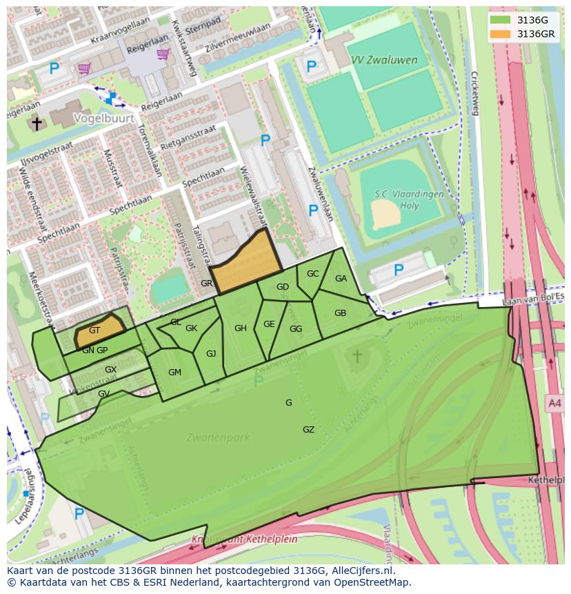 Afbeelding van het postcodegebied 3136 GR op de kaart.