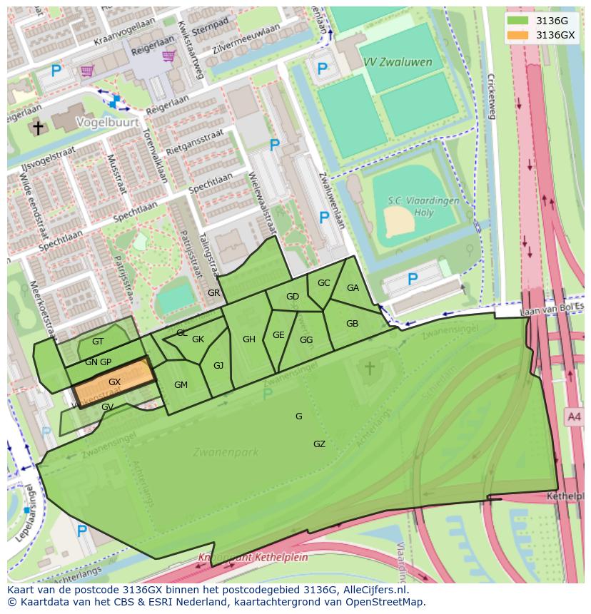Afbeelding van het postcodegebied 3136 GX op de kaart.