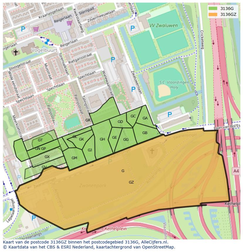 Afbeelding van het postcodegebied 3136 GZ op de kaart.
