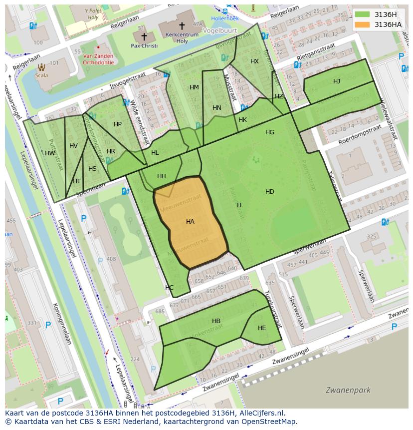 Afbeelding van het postcodegebied 3136 HA op de kaart.