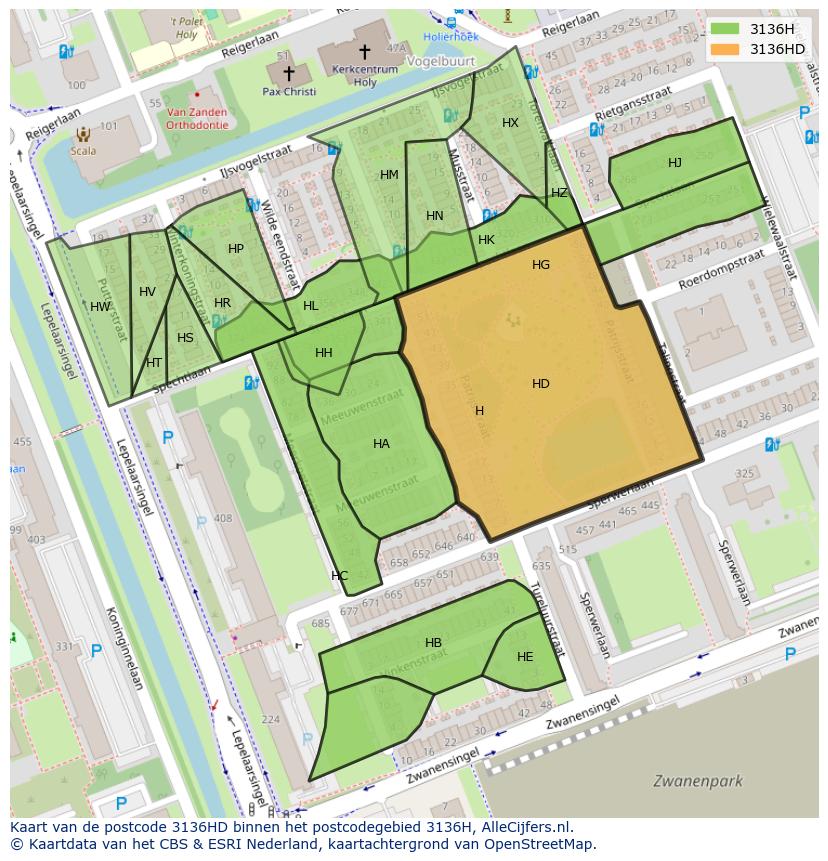 Afbeelding van het postcodegebied 3136 HD op de kaart.
