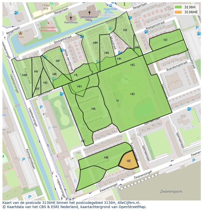 Afbeelding van het postcodegebied 3136 HE op de kaart.