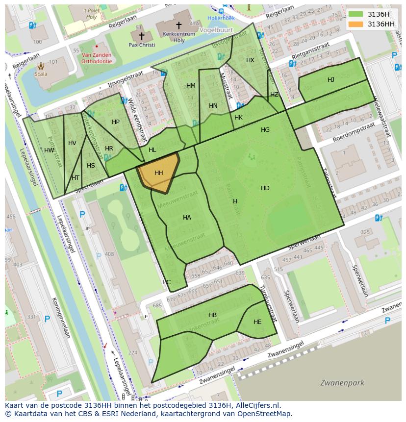 Afbeelding van het postcodegebied 3136 HH op de kaart.
