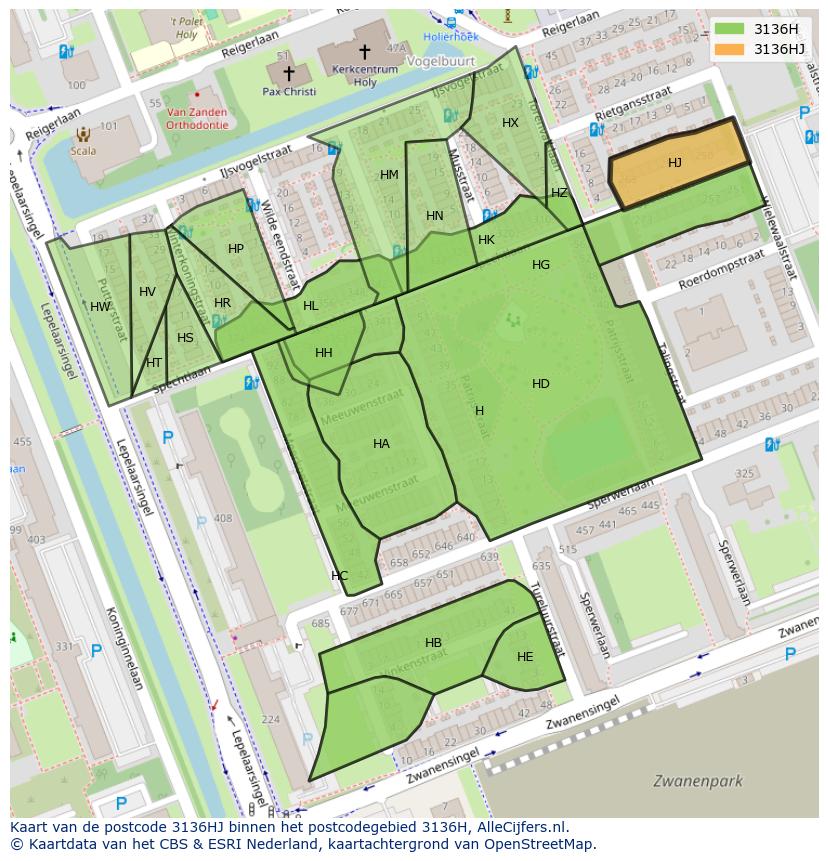 Afbeelding van het postcodegebied 3136 HJ op de kaart.