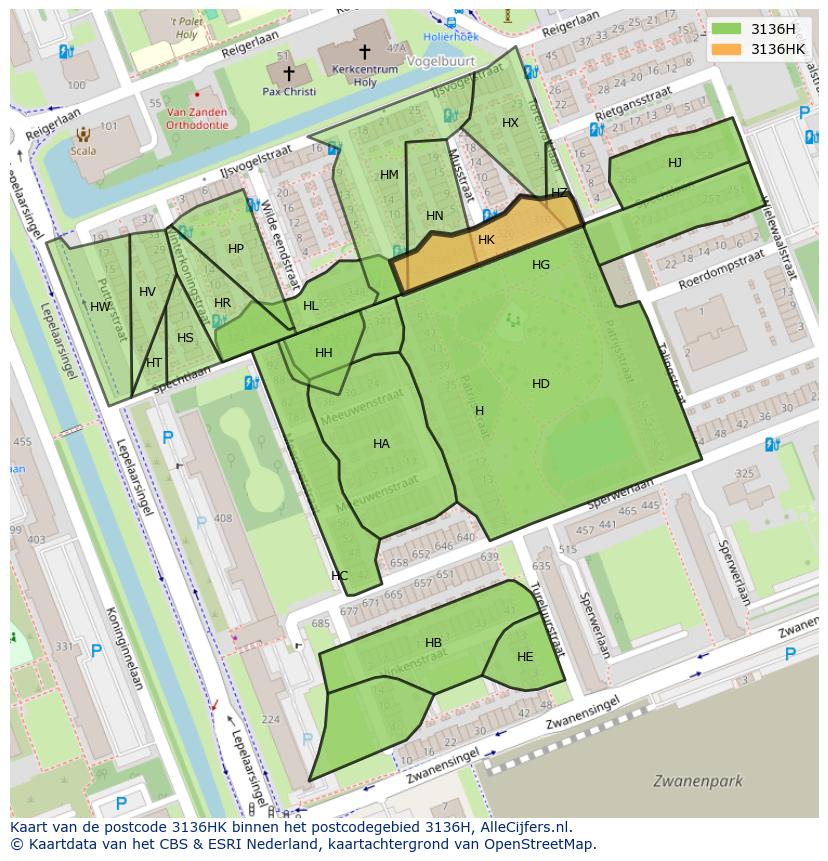Afbeelding van het postcodegebied 3136 HK op de kaart.