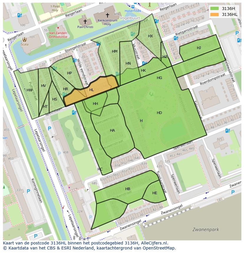 Afbeelding van het postcodegebied 3136 HL op de kaart.