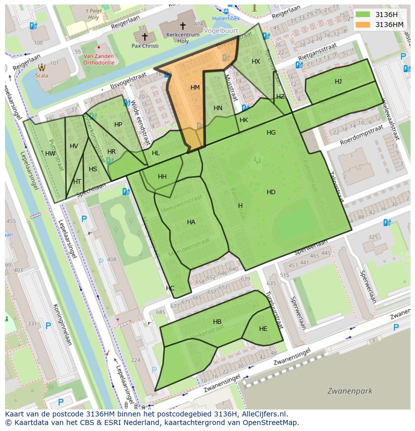 Afbeelding van het postcodegebied 3136 HM op de kaart.