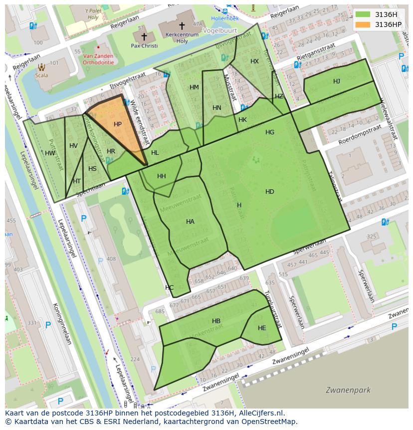 Afbeelding van het postcodegebied 3136 HP op de kaart.