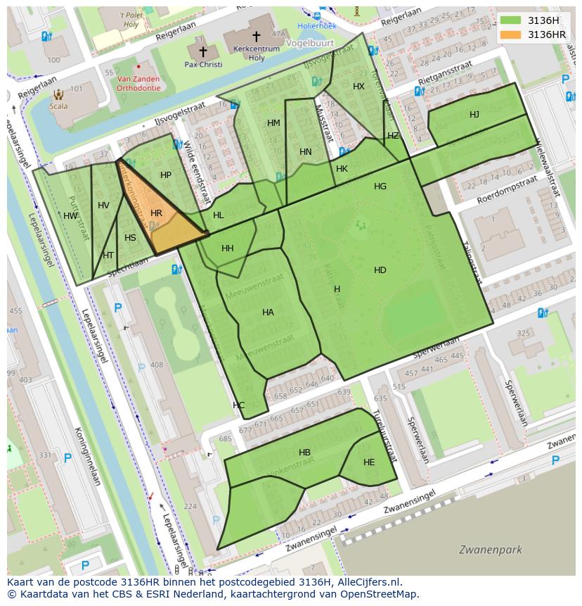 Afbeelding van het postcodegebied 3136 HR op de kaart.