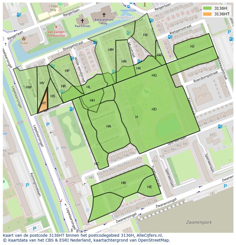 Afbeelding van het postcodegebied 3136 HT op de kaart.