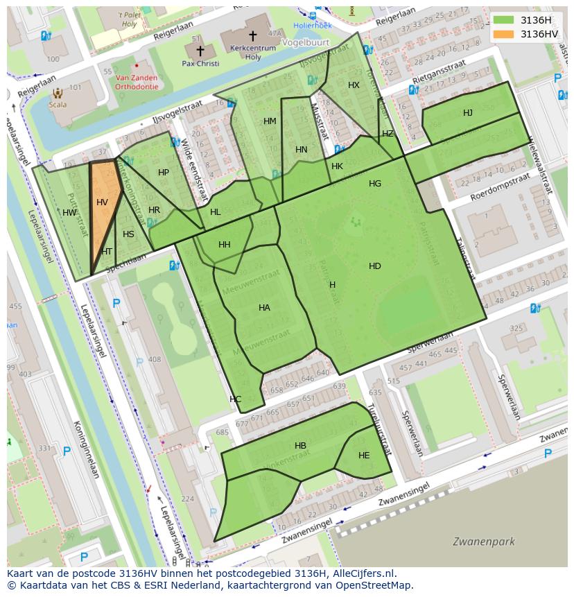 Afbeelding van het postcodegebied 3136 HV op de kaart.